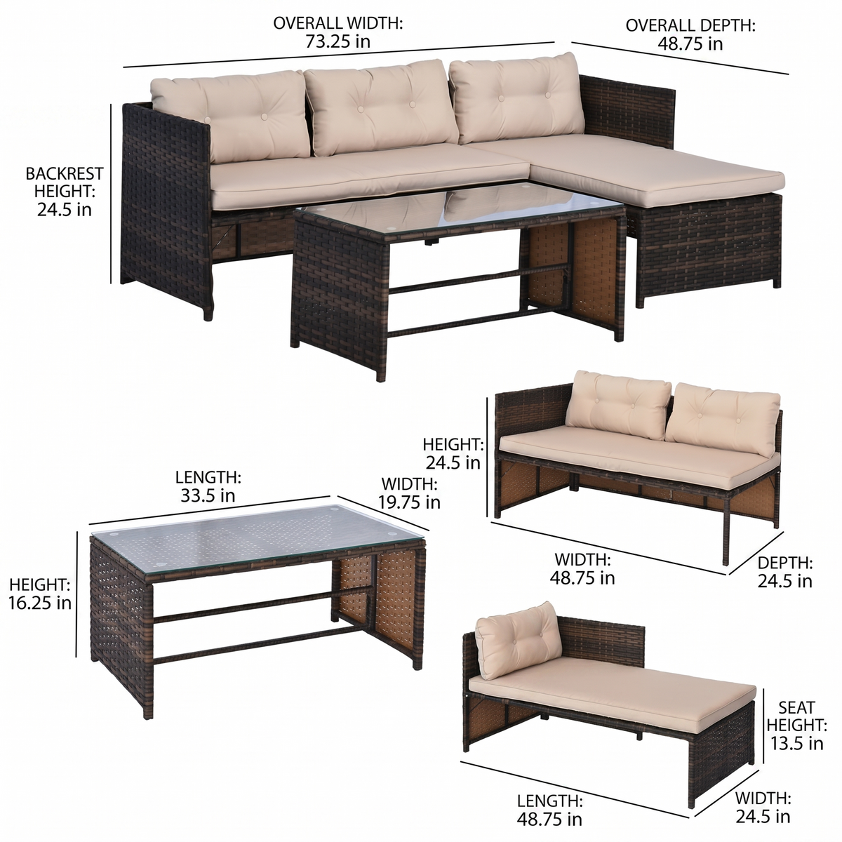 Product dimensions diagram of Sfeerco Laguna 3-piece outdoor rattan sectional sofa set with measurements