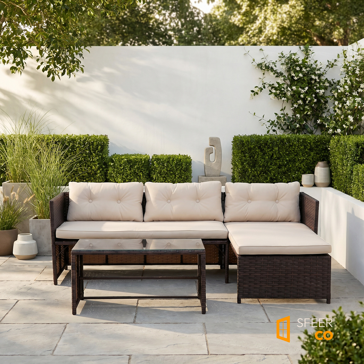Sfeerco Laguna outdoor rattan sectional sofa set styled on garden patio with hedge backdrop