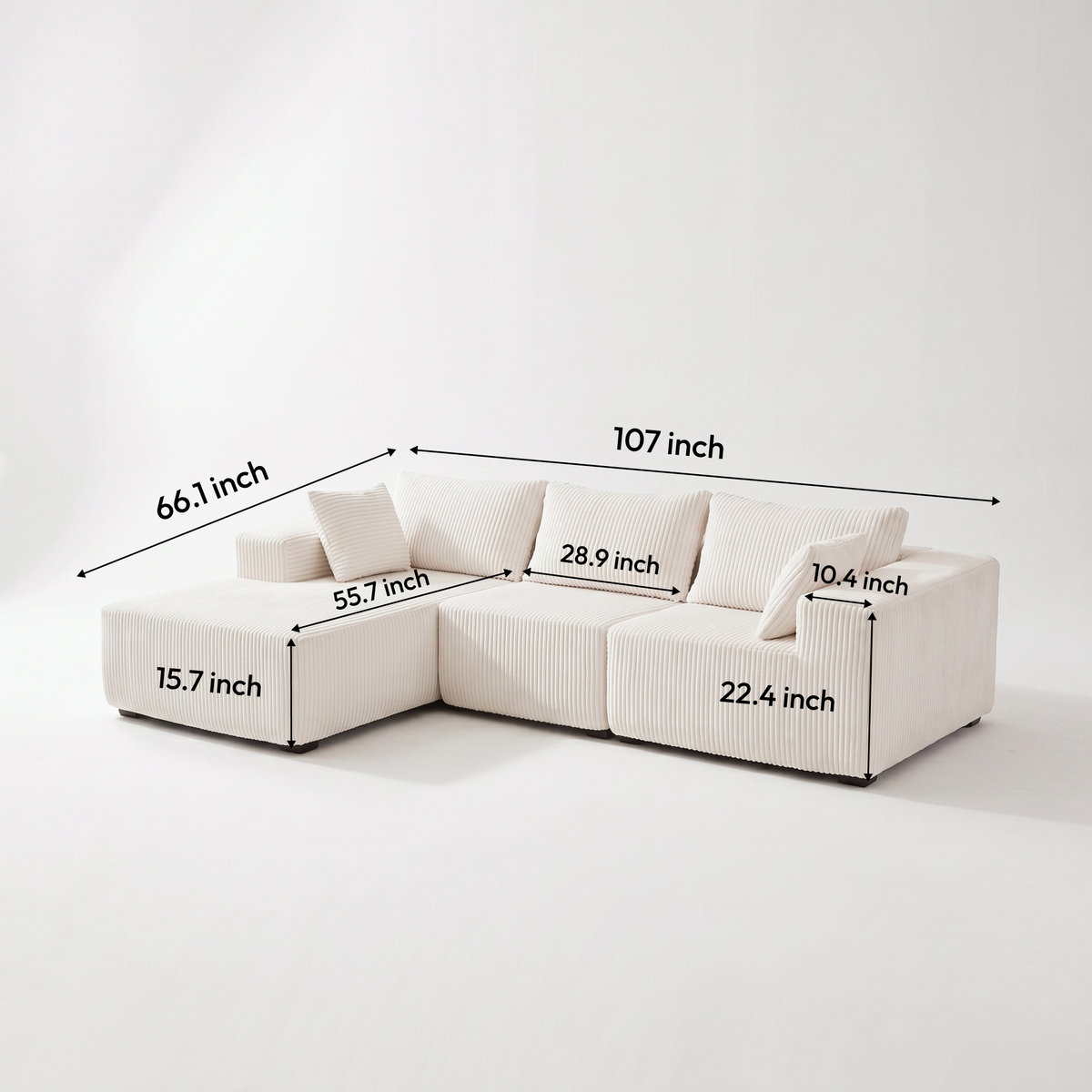 Sfeerco Loft L-shaped sectional sofa dimensions diagram showing 107 inch width and full measurements