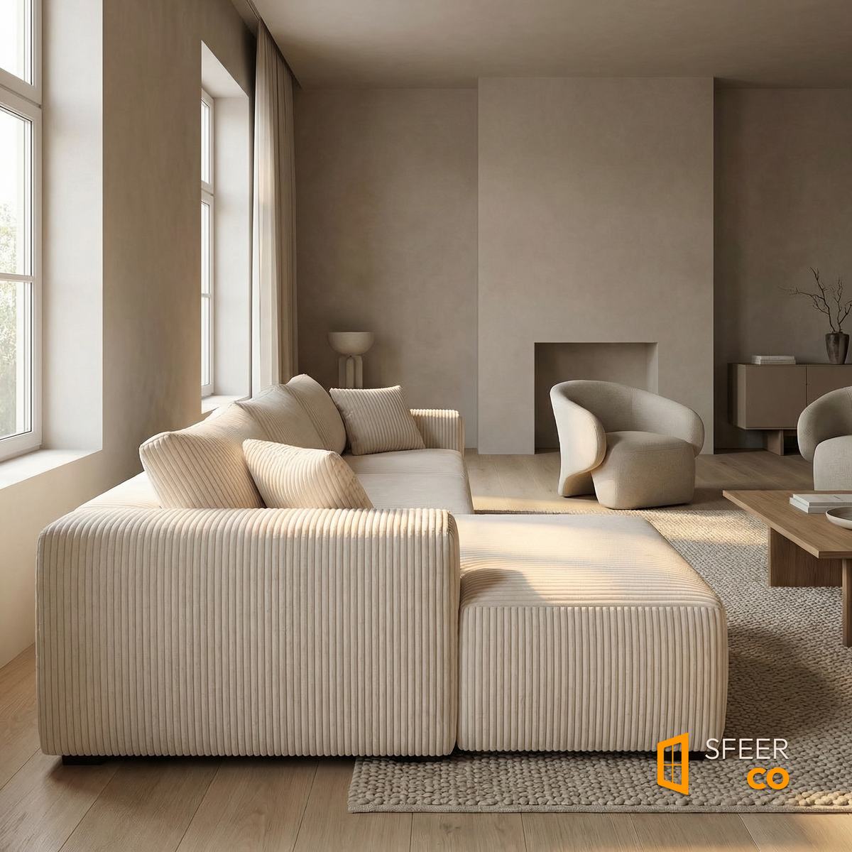 Sfeerco Loft modular sectional sofa angled editorial shot in modern neutral living room interior