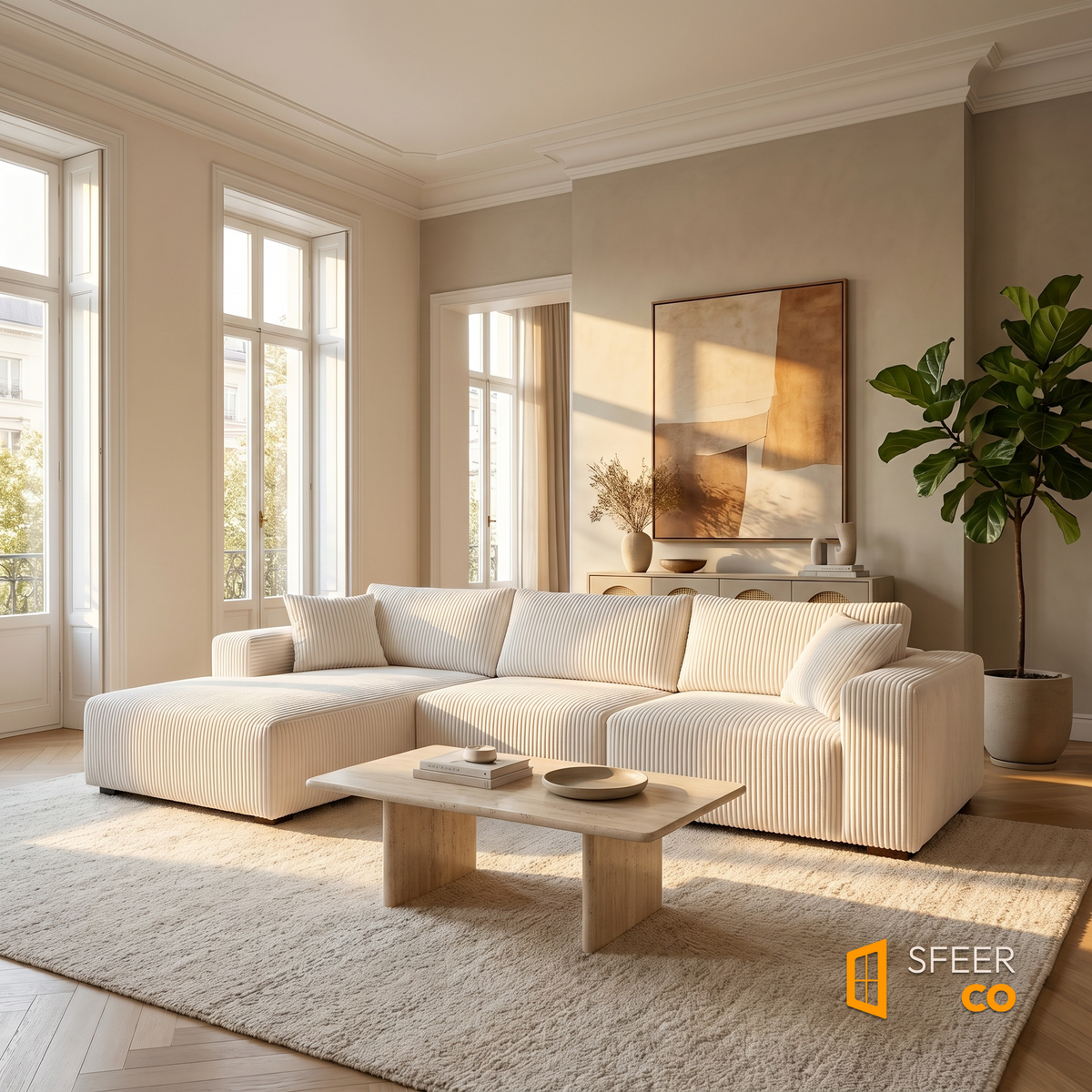Sfeerco Loft L-shaped sectional sofa in premium European living room with warm natural light and wood table