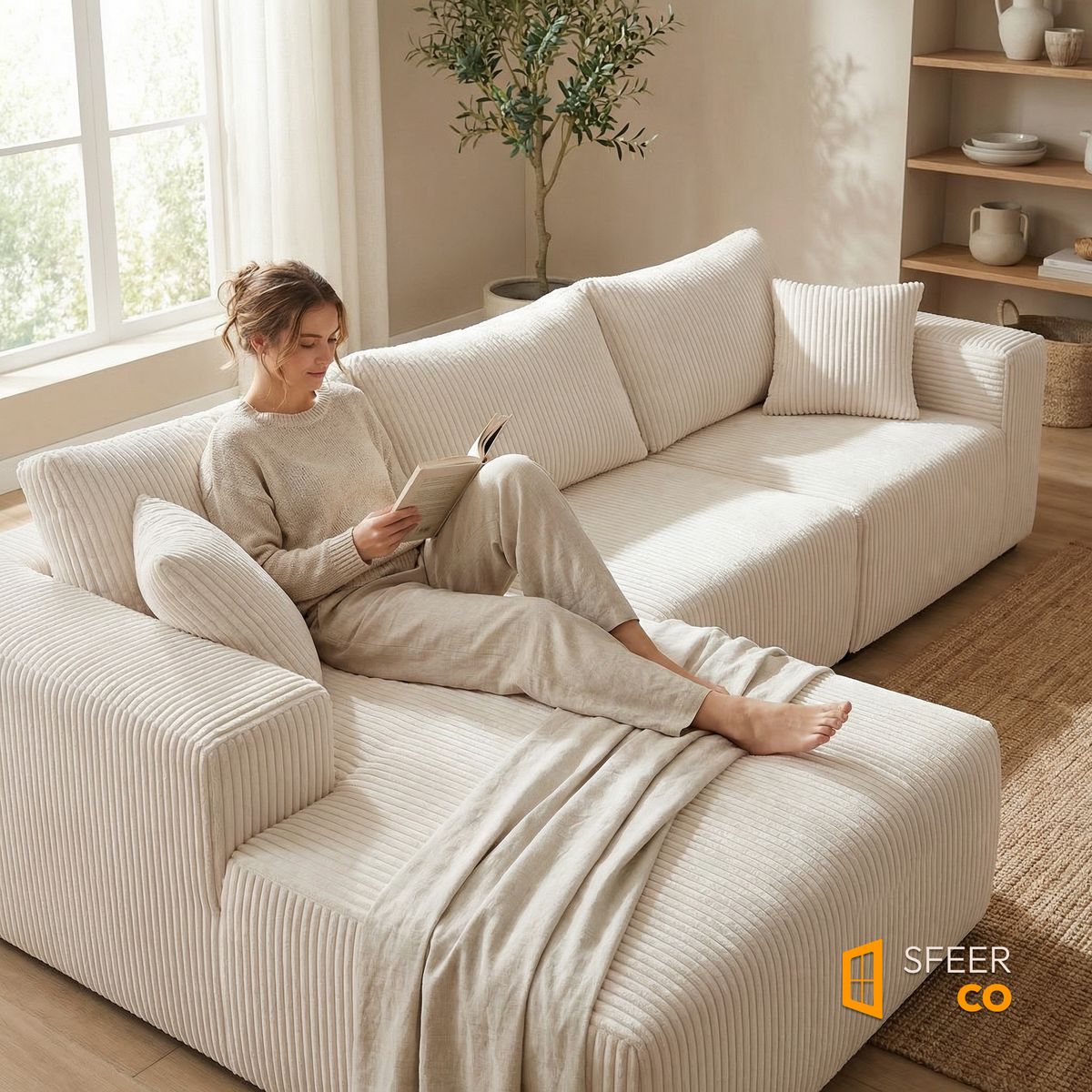Woman relaxing on Sfeerco Loft modular sectional sofa chaise lounge reading in bright living room