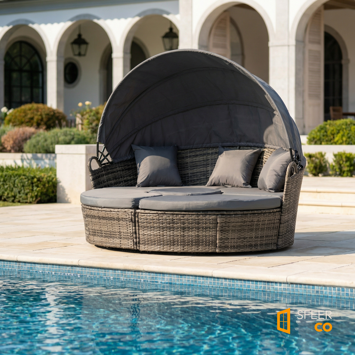 Sfeerco Luna convertible rattan daybed outdoor lounge set gray poolside patio