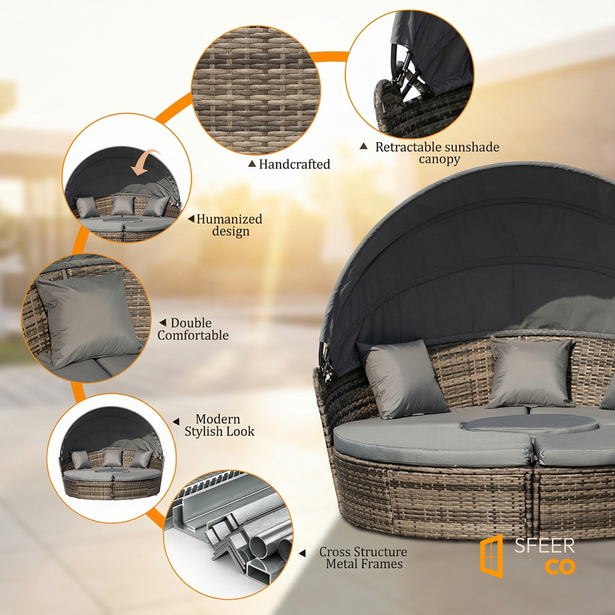 Sfeerco Luna durable PE rattan weatherproof cushion cover adjustable feet outdoor furniture
