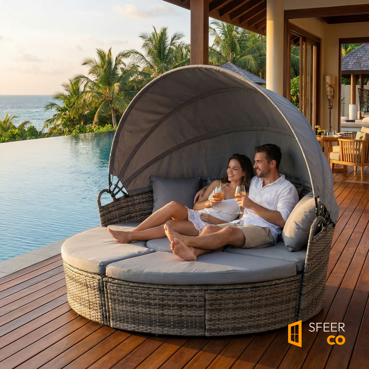 Sfeerco Luna retractable gas spring canopy outdoor rattan daybed gray