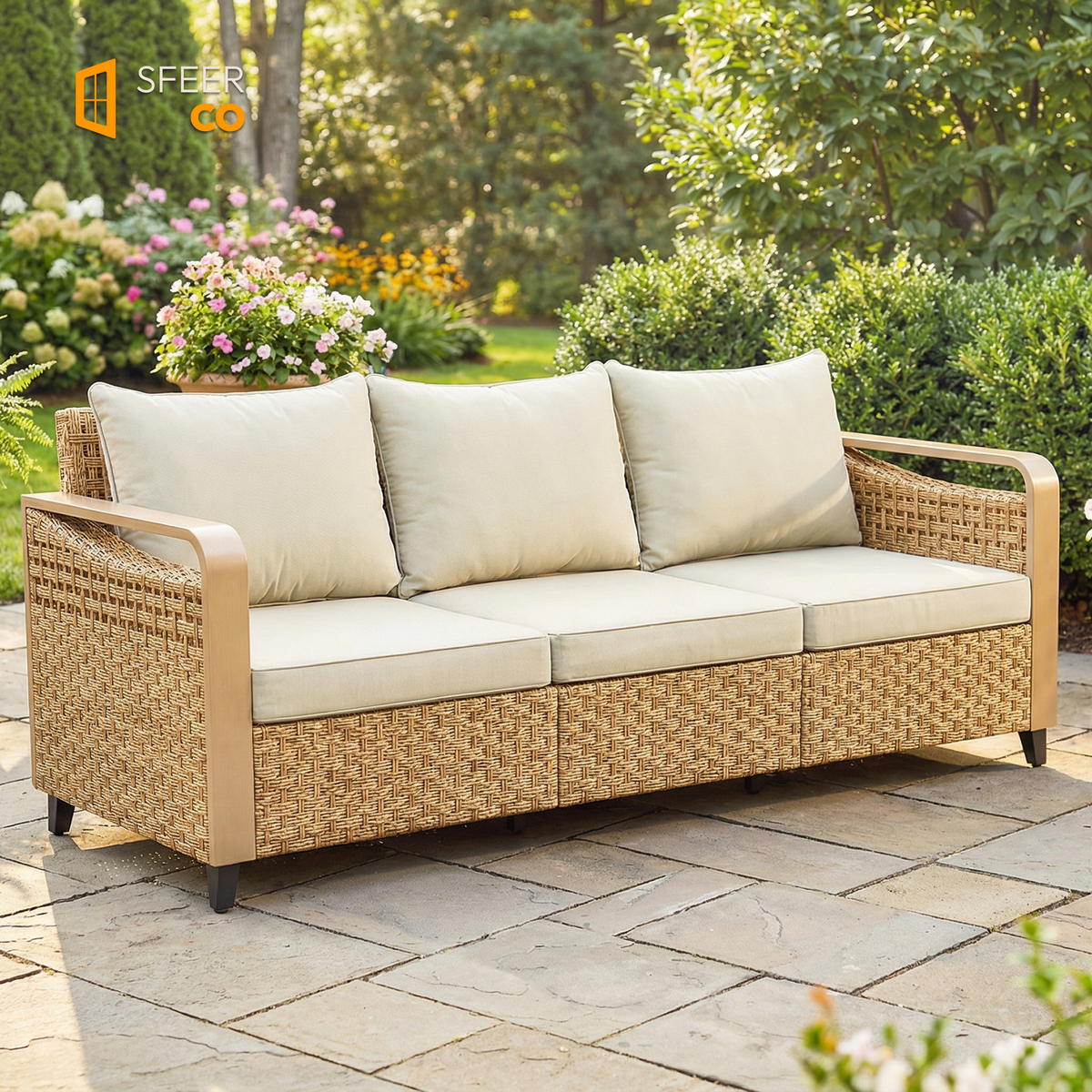 Sfeerco Lune 3-seater rattan wicker patio sofa beige cushions garden patio setting