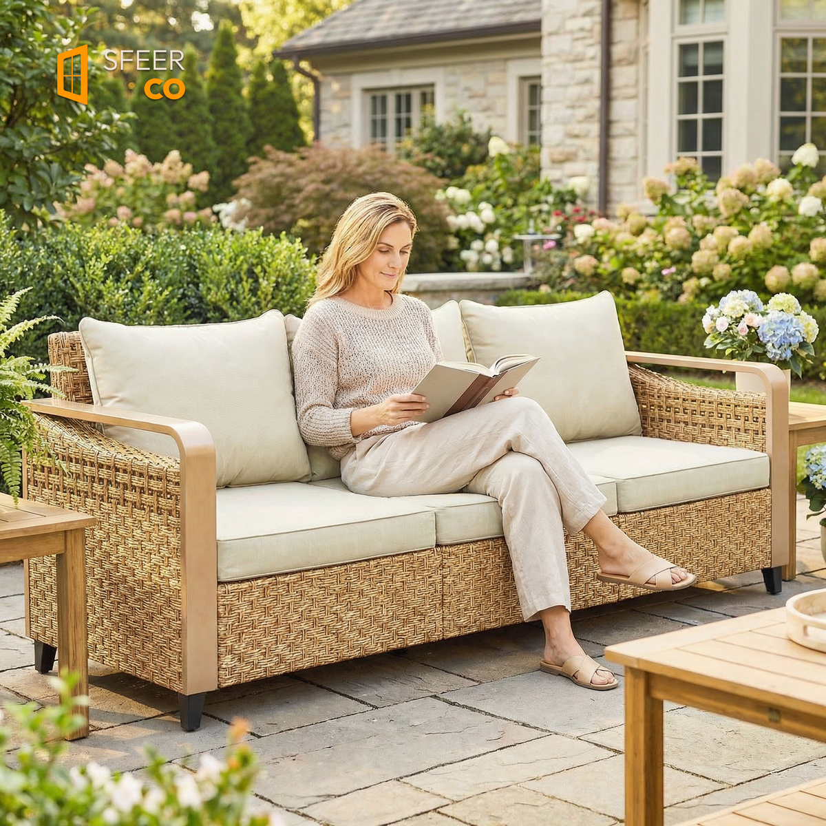 Woman relaxing on Sfeerco Lune rattan wicker outdoor sofa beige cushions garden patio