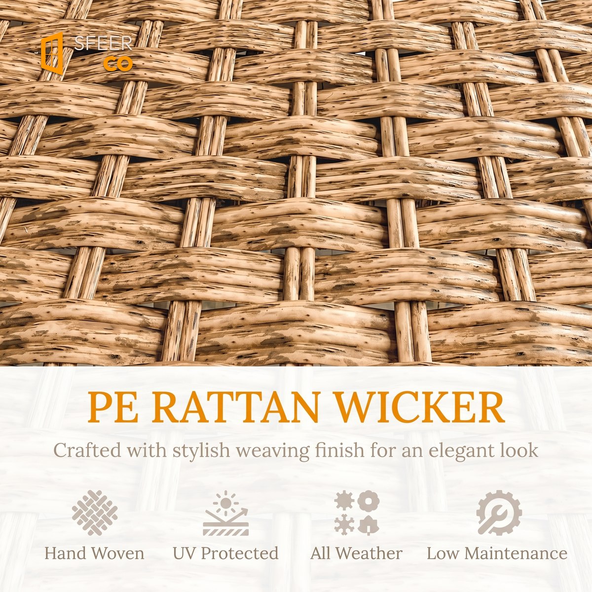 Sfeerco Lune PE rattan wicker weave detail hand woven UV protected all weather low maintenance