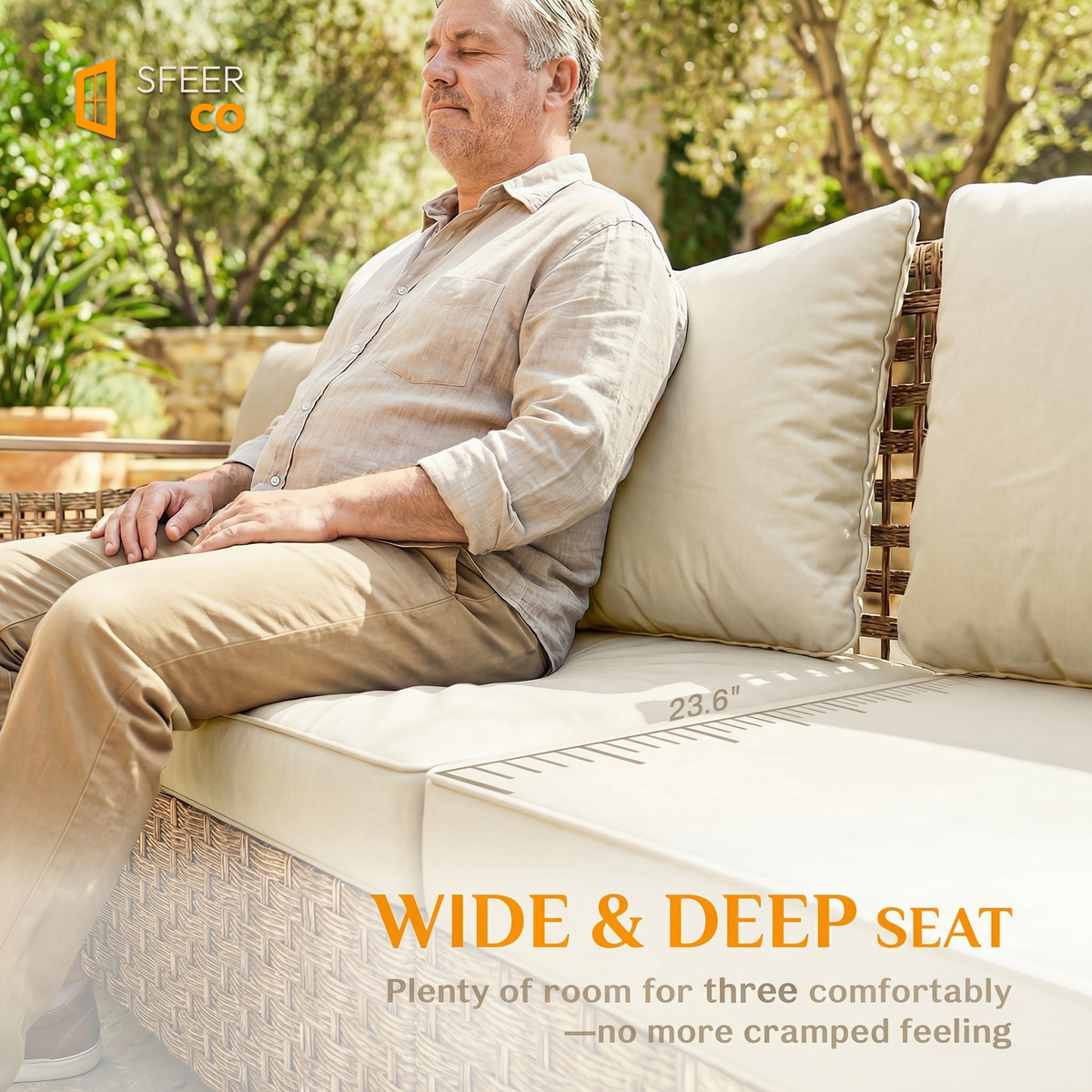 Sfeerco Lune wide and deep seat rattan wicker patio sofa comfortable three seater beige