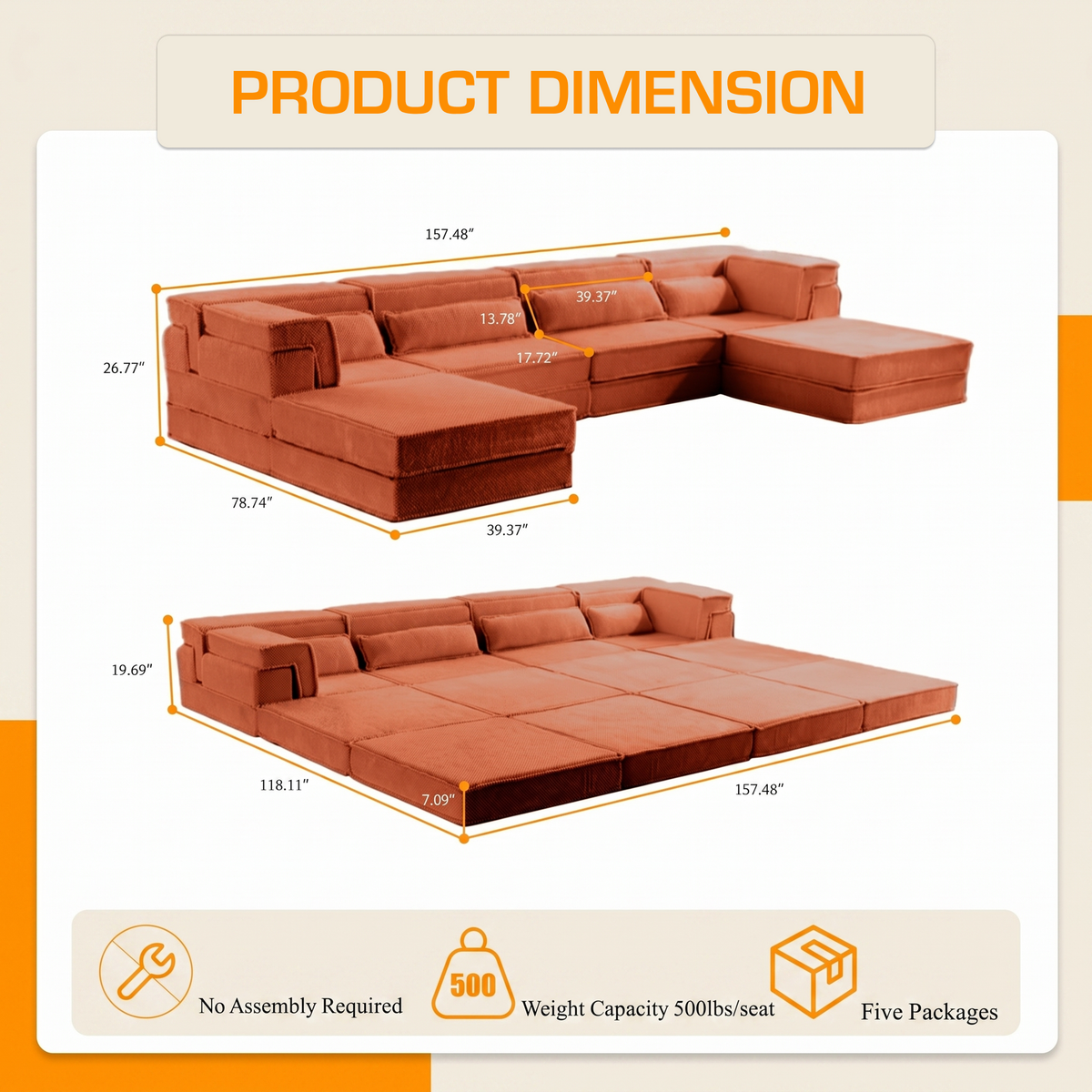 Product dimensions diagram of Sfeerco Modo modular floor sofa with measurements