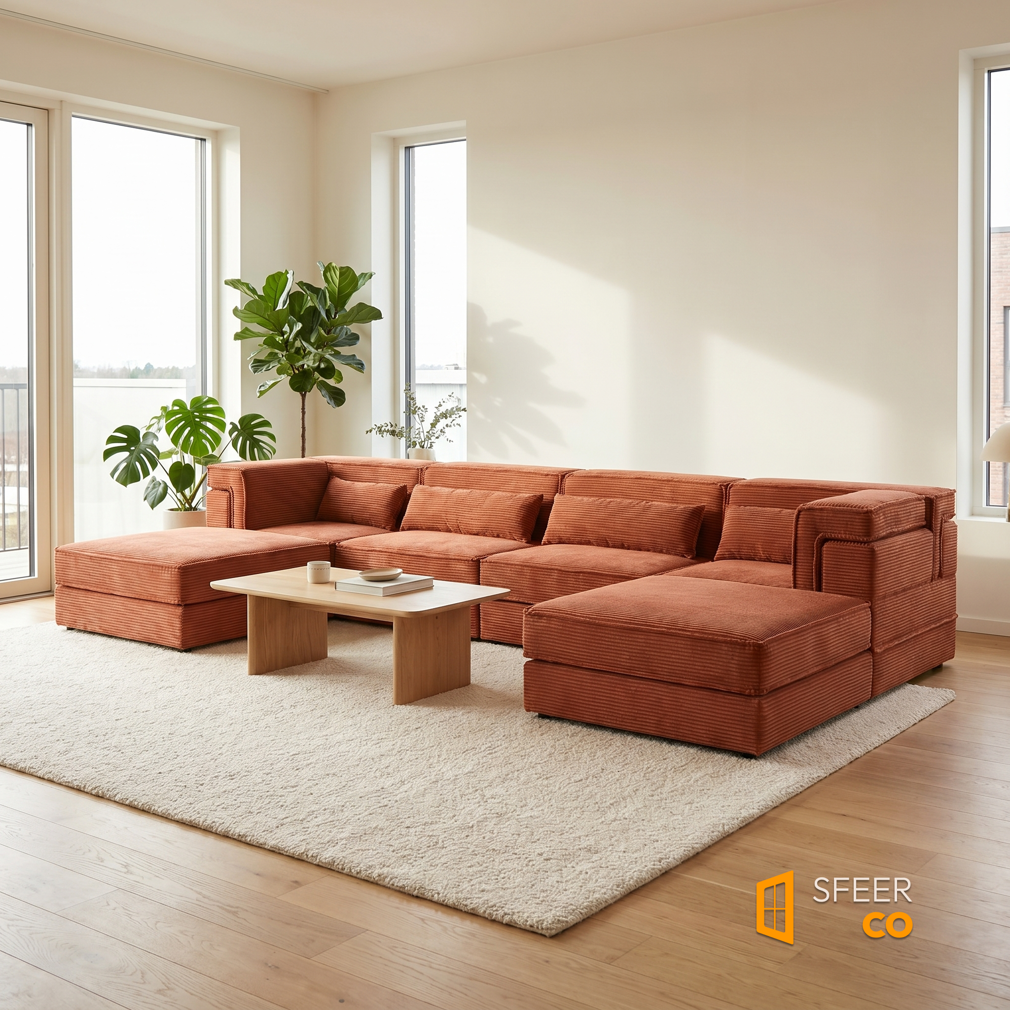 Sfeerco Modo orange sectional sofa styled in bright modern living room with plants and coffee table