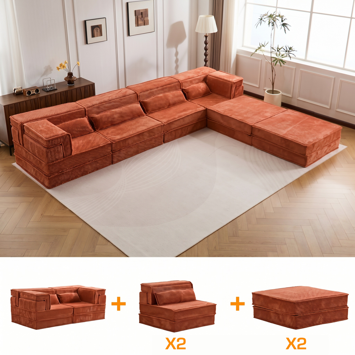 Sfeerco Modo sofa modular components showing 2 sofa sections and 2 ottomans