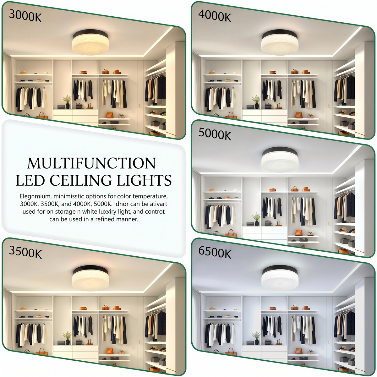 Infographic showing multifunction LED color temperature options 3000K 4000K 5000K and 6500K for Sfeerco Nero ceiling light