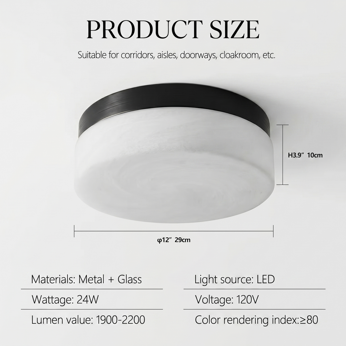 Product size diagram of Sfeerco Nero 12-inch LED ceiling light showing 24W 120V metal and glass construction