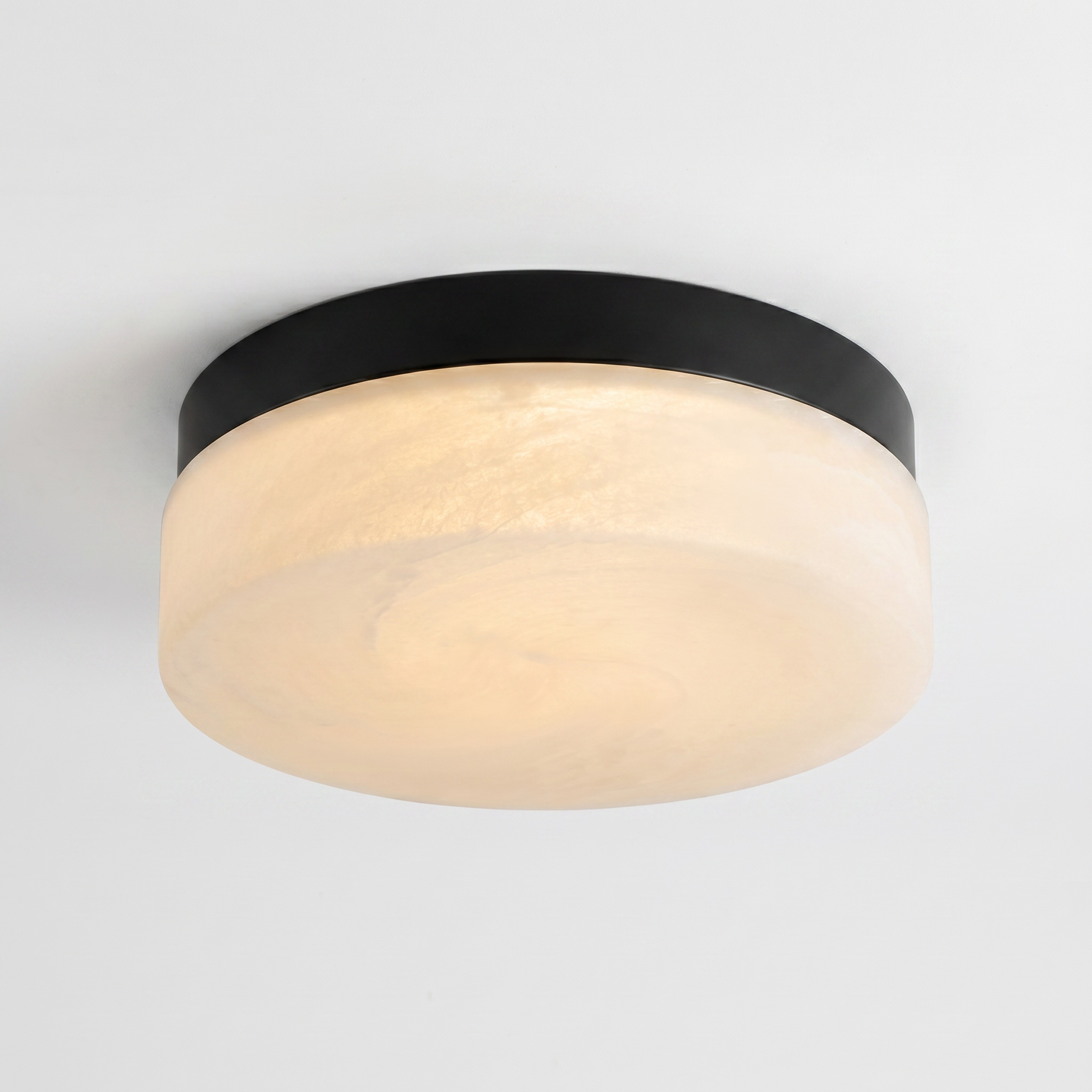 Sfeerco Nero round LED ceiling light showing black metal frame and marble texture glass shade on white background