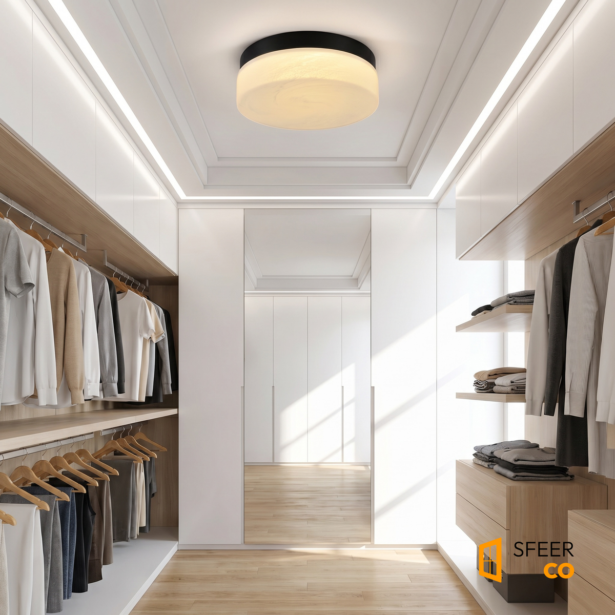 Sfeerco Nero round LED ceiling light installed in walk-in closet with warm white illumination view