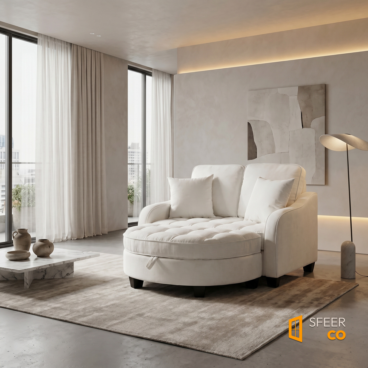Sfeerco Nido white corduroy chaise sofa with ottoman in contemporary living room interior