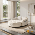 Sfeerco Nido white chaise lounge sofa styled in bright modern living room with floor lamp and area rug