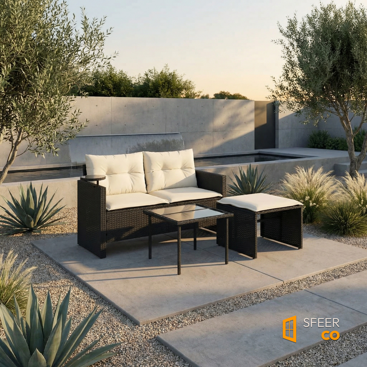 Sfeerco Noir black rattan outdoor sofa set with coffee table and ottoman on modern garden patio