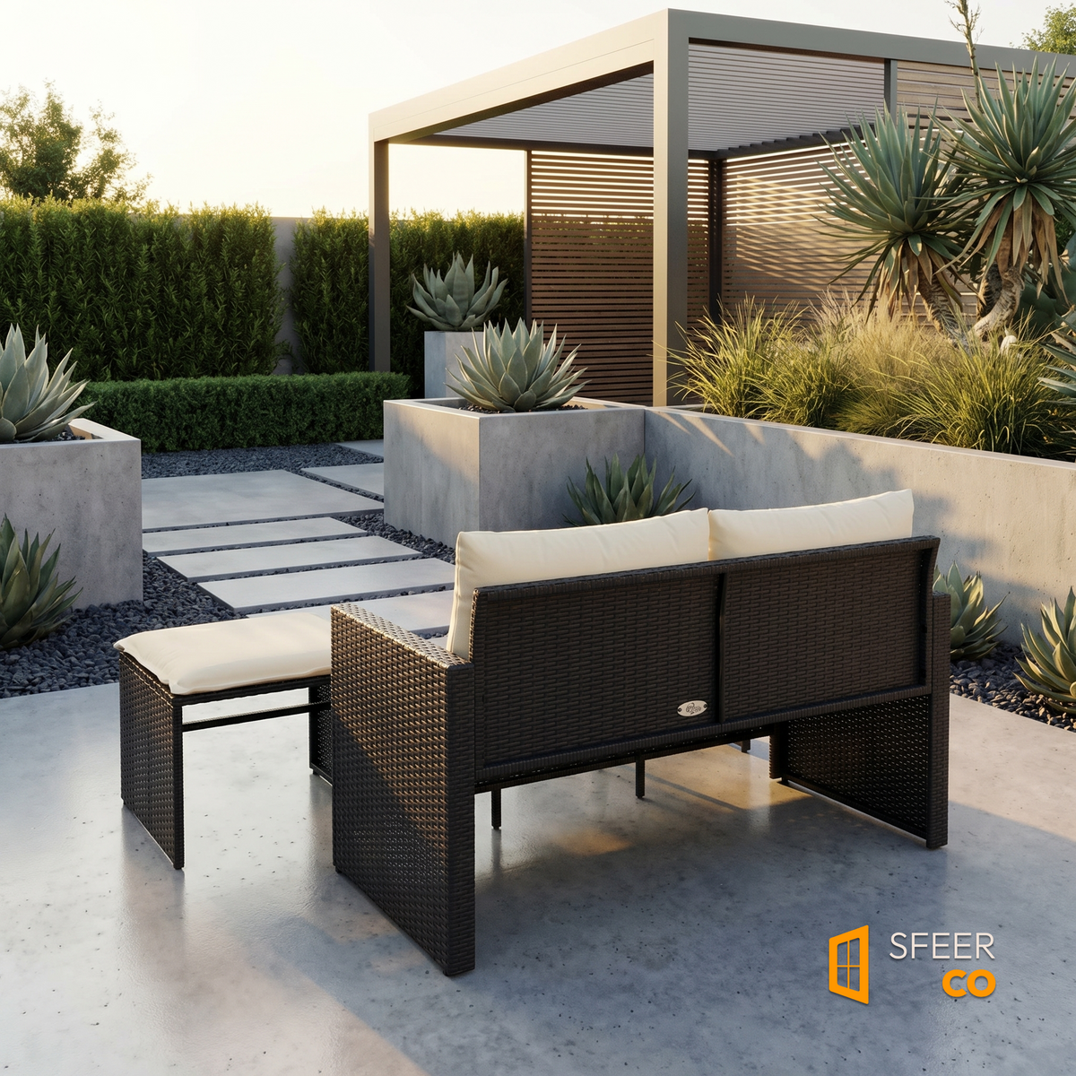 Sfeerco Noir rattan garden sofa set angled view with white cushions surrounded by hedges and plants