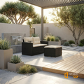 Sfeerco Noir 3-piece rattan sofa set on wooden deck under pergola in contemporary outdoor setting