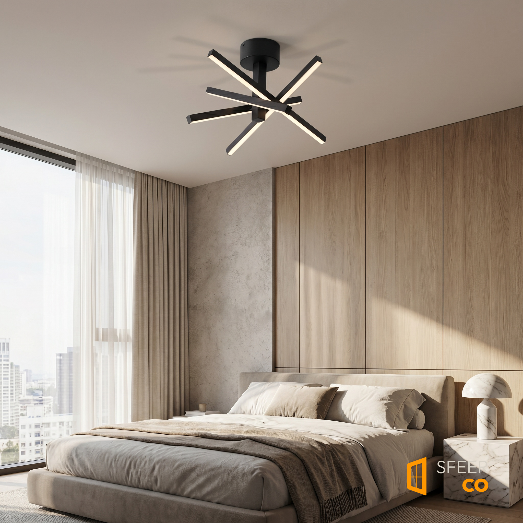 Sfeerco Nova geometric LED ceiling light in black installed in modern bedroom with warm wood paneling and ambient lighting