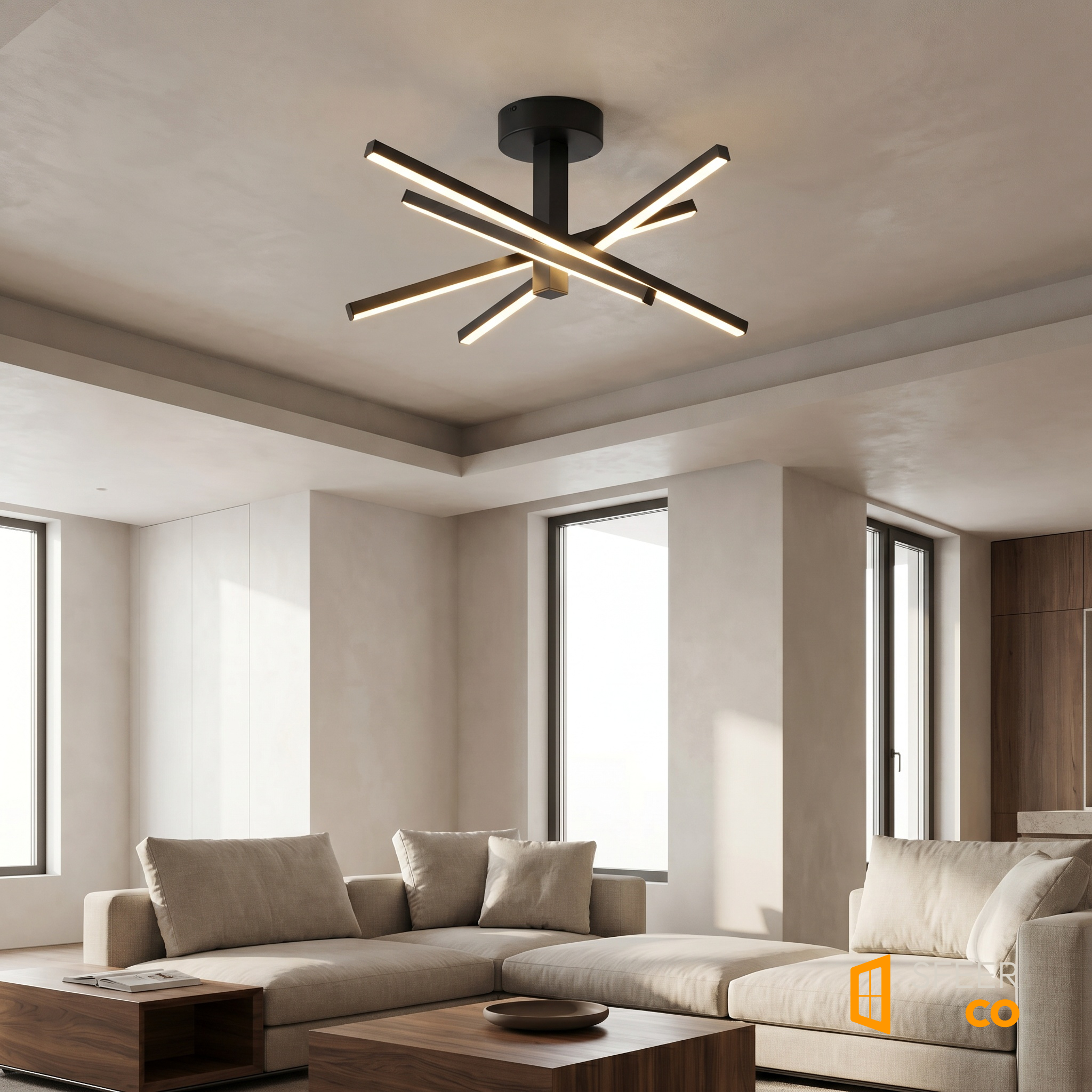 Sfeerco Nova black starburst LED ceiling light installed in bright modern living room with neutral interior