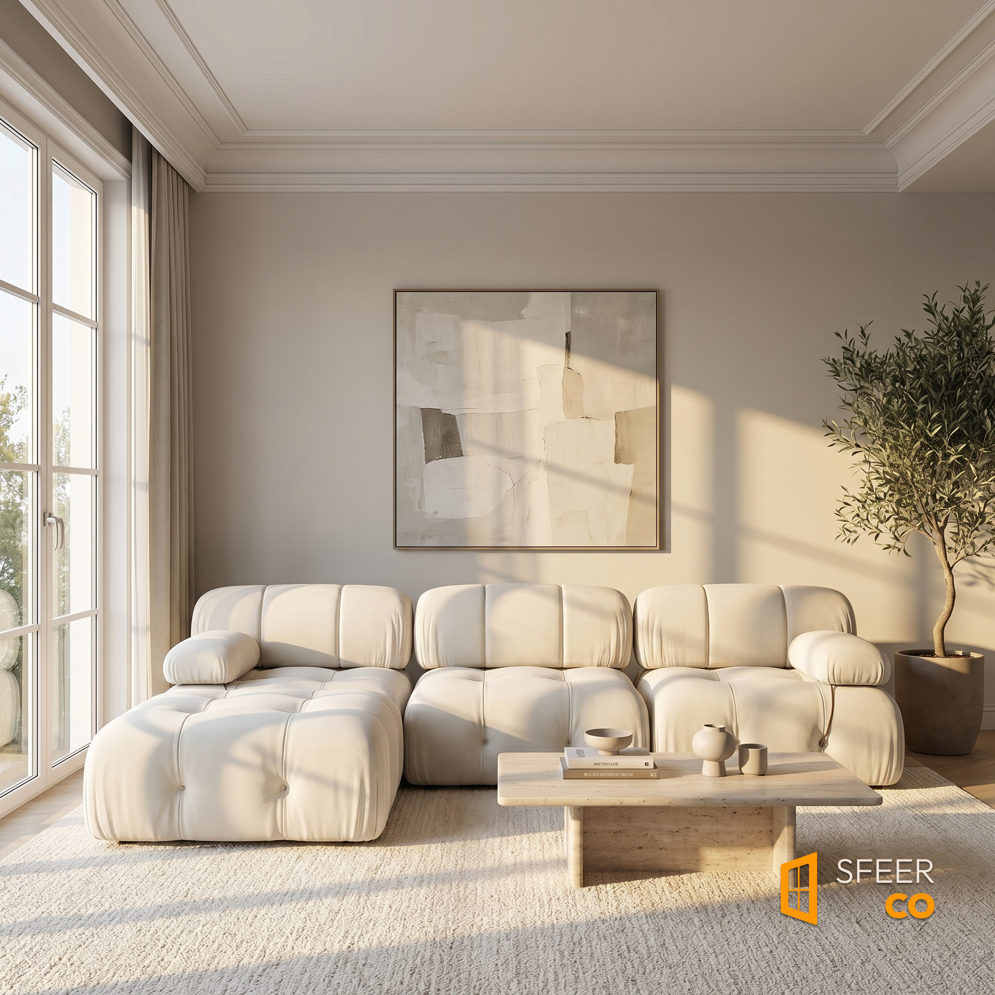 Sfeerco Nuvo sectional sofa in bright contemporary living room with natural light