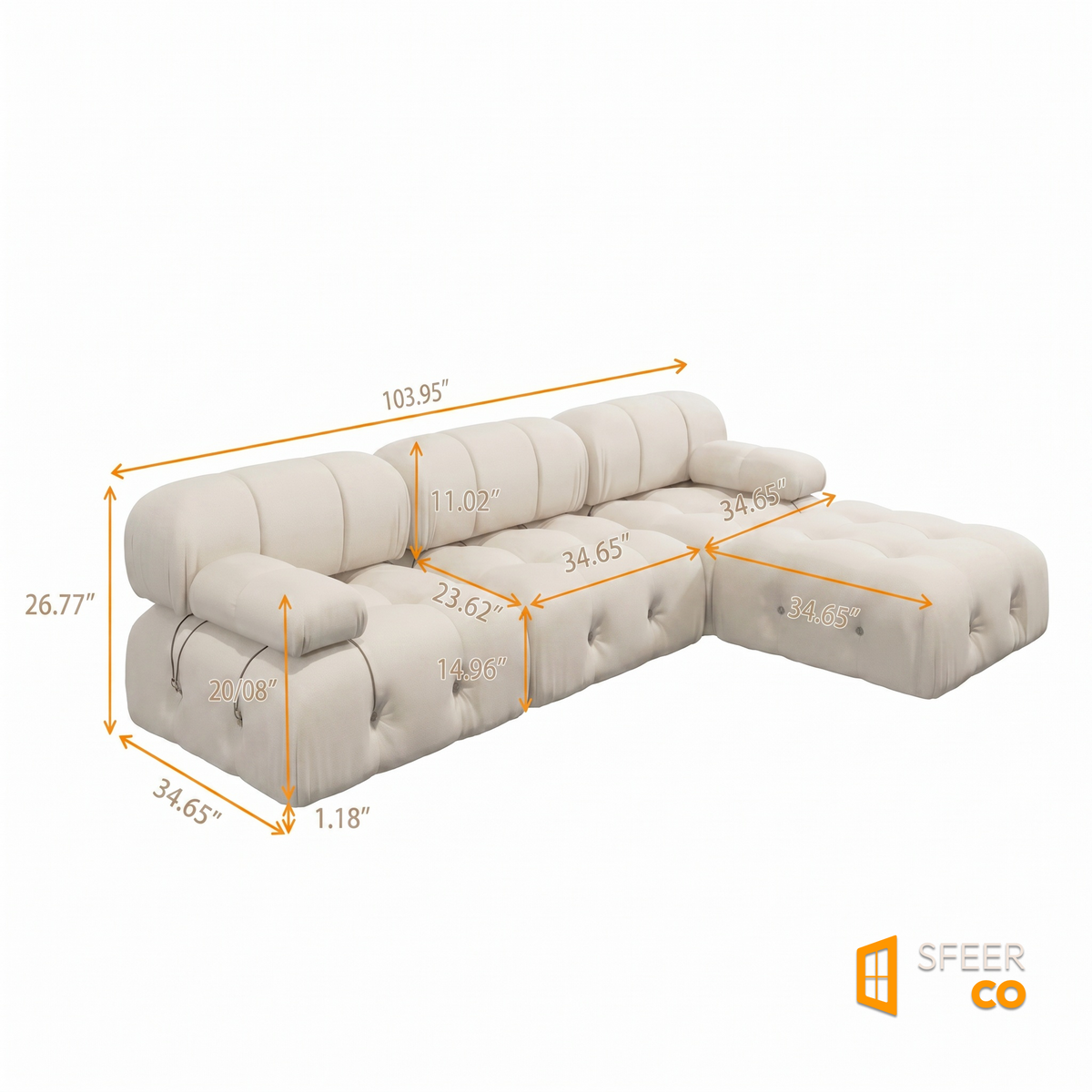 Product dimensions diagram of Sfeerco Nuvo modular sectional sofa with measurements