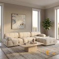 Sfeerco Nuvo beige modular sofa styled in warm modern living room with coffee table and plants