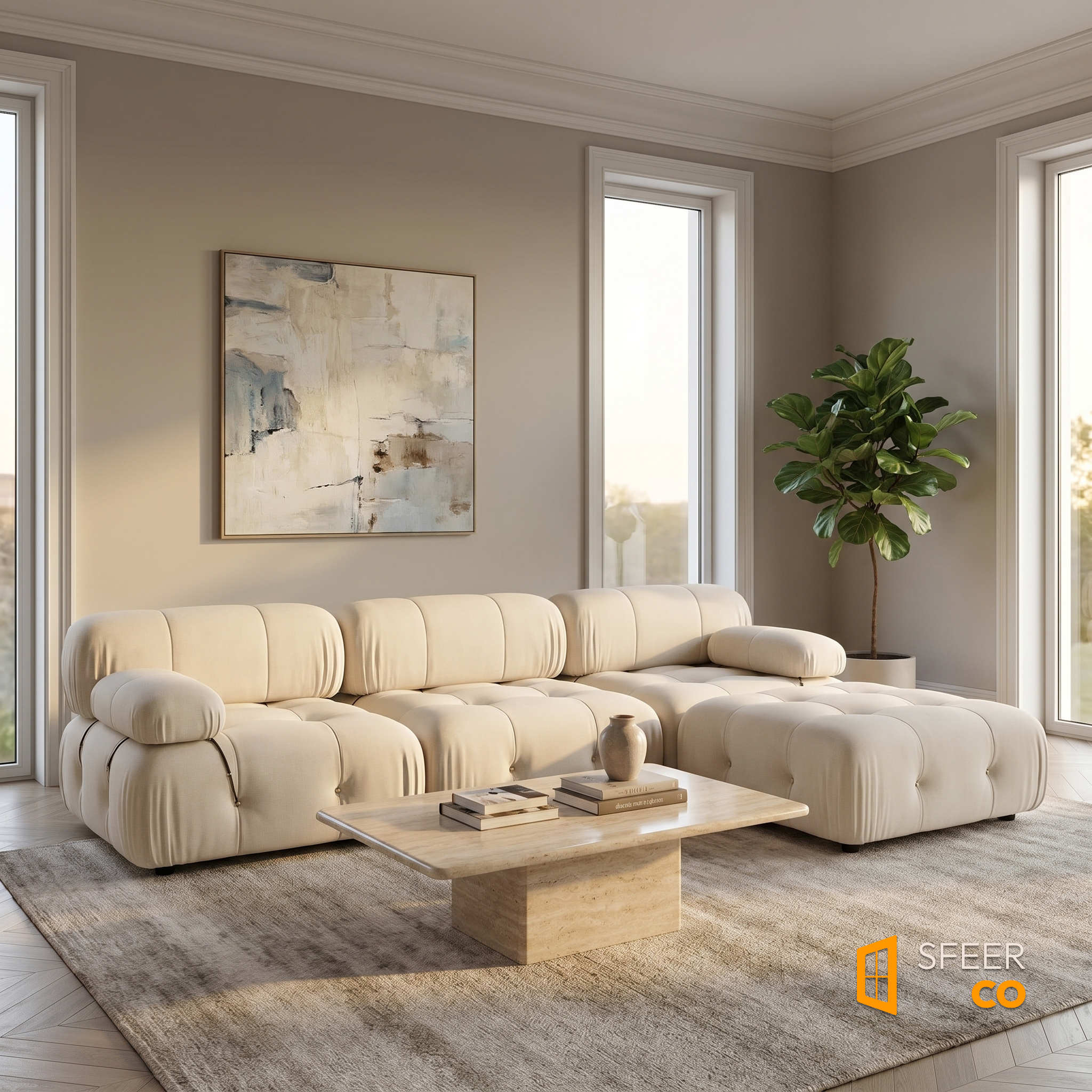 Sfeerco Nuvo beige modular sofa styled in warm modern living room with coffee table and plants
