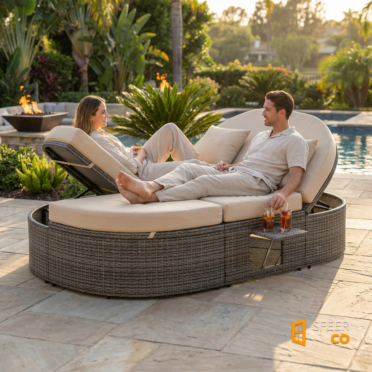 Group relaxing on Sfeerco Orbit rattan round daybed on outdoor patio terrace in warm evening light