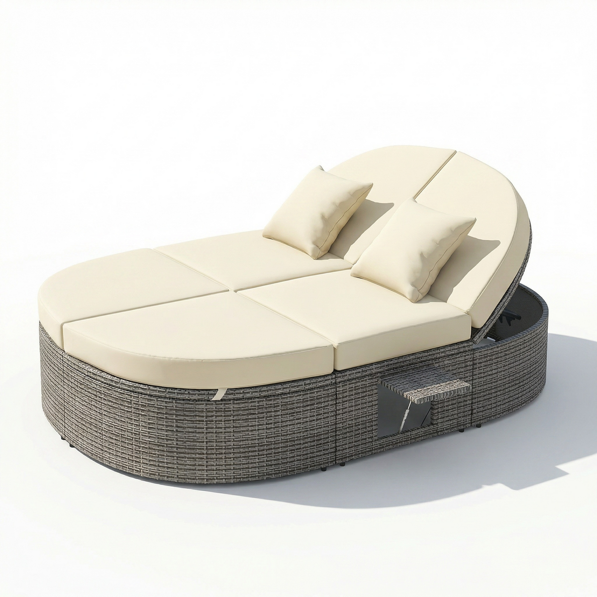 Sfeerco Orbit rattan round outdoor daybed with beige cushions pillows and adjustable backrests studio shot