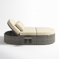 Sfeerco Orbit outdoor round rattan daybed side view showing adjustable backrest positions and cup tray