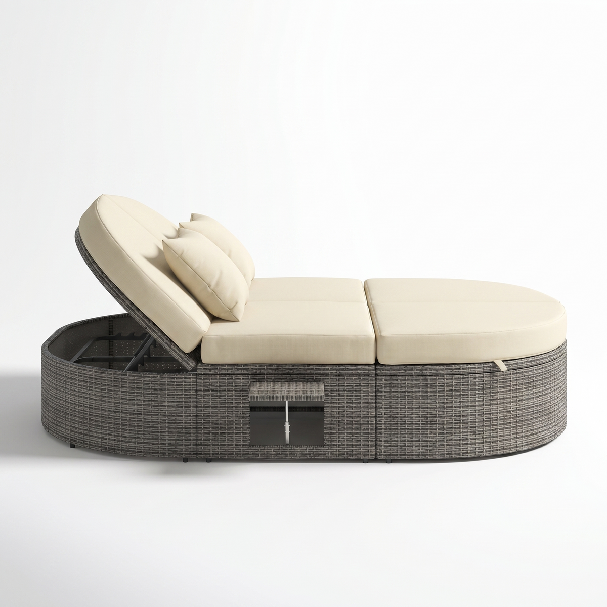 Sfeerco Orbit outdoor round rattan daybed side view showing adjustable backrest positions and cup tray