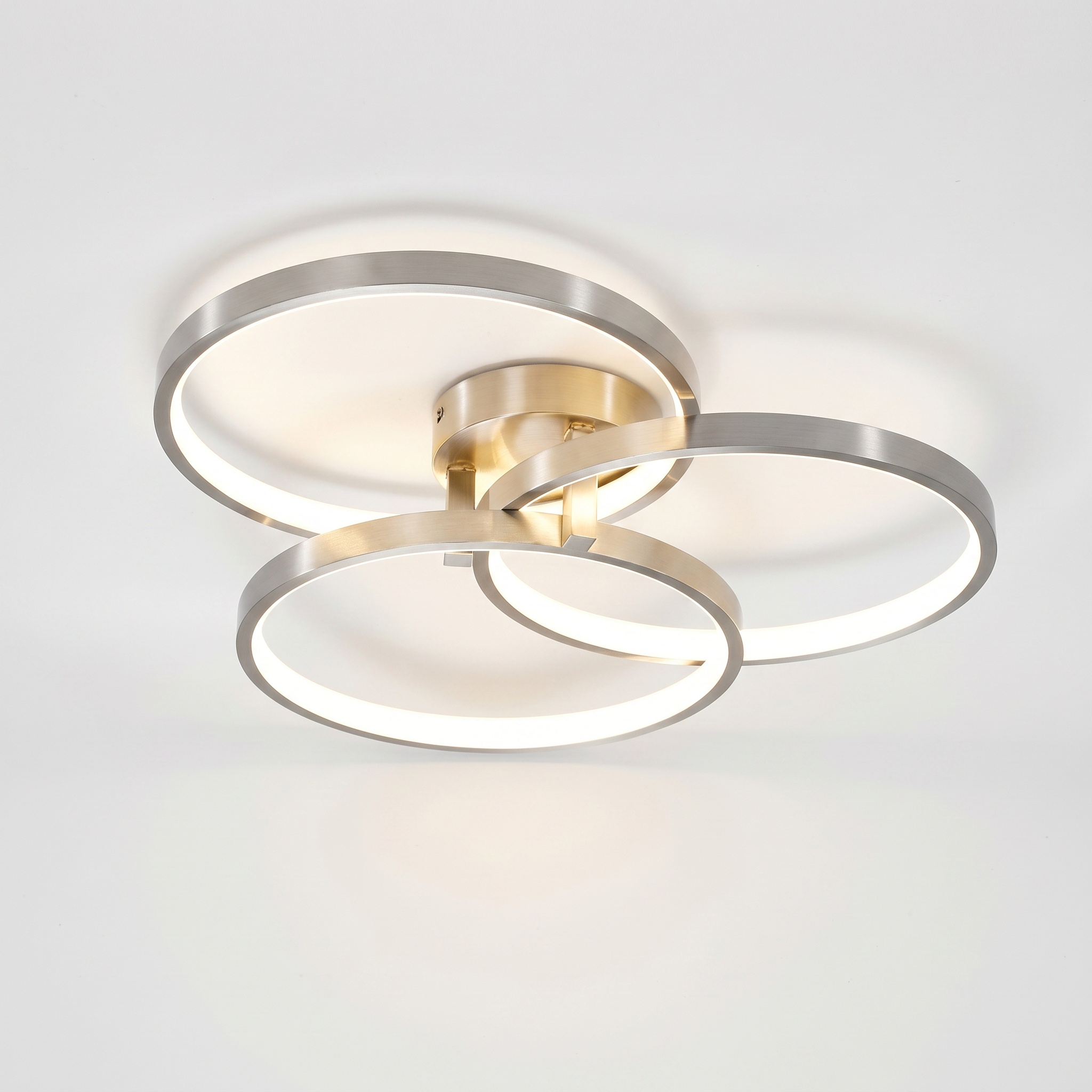 Sfeerco Orion 20-inch circular 3-ring LED ceiling light in brushed nickel on grey background