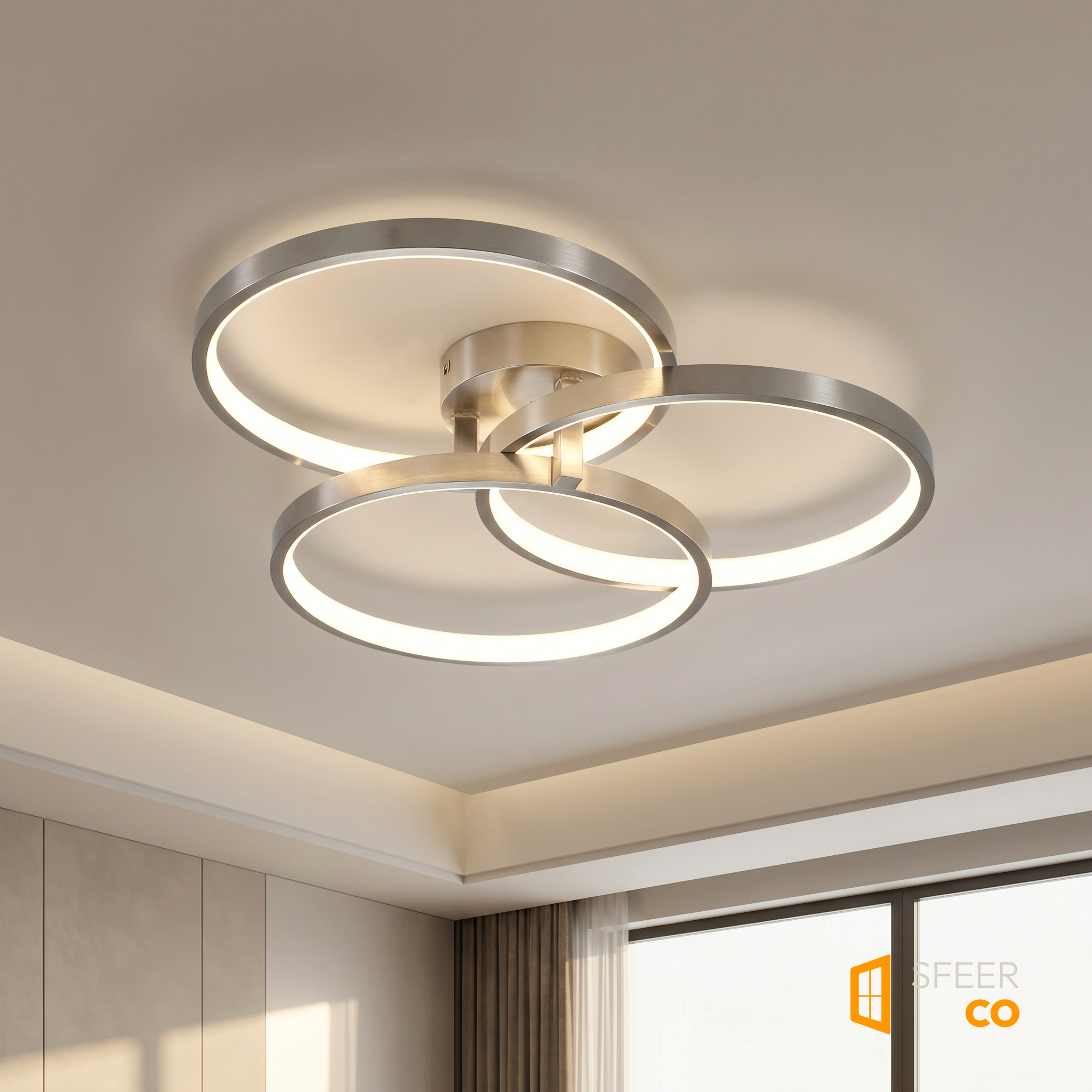 Sfeerco Orion 3-ring LED ceiling light installed on white ceiling showing circular ring design in brushed nickel