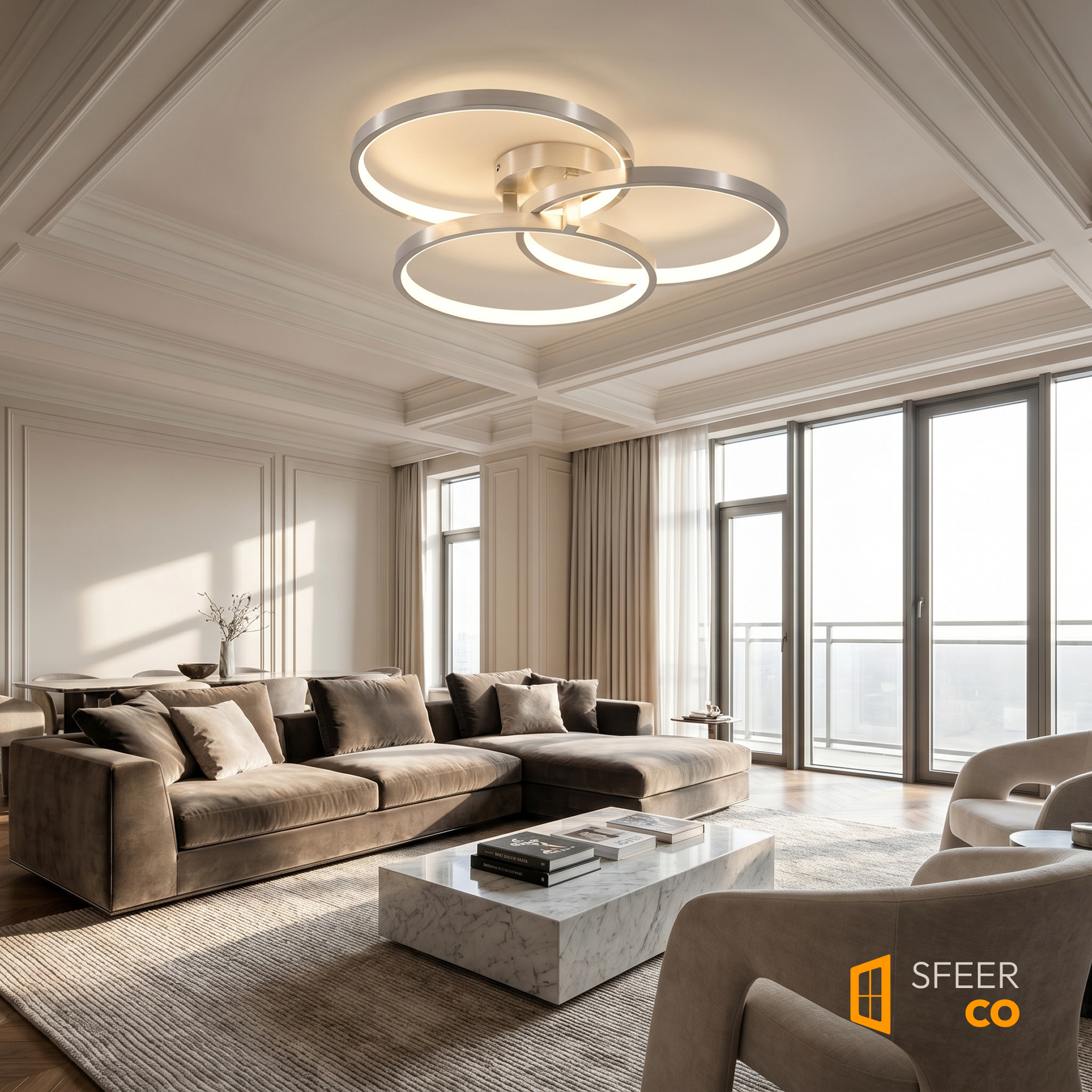 Sfeerco Orion circular LED ceiling light installed in bright modern living room with large windows and neutral interior