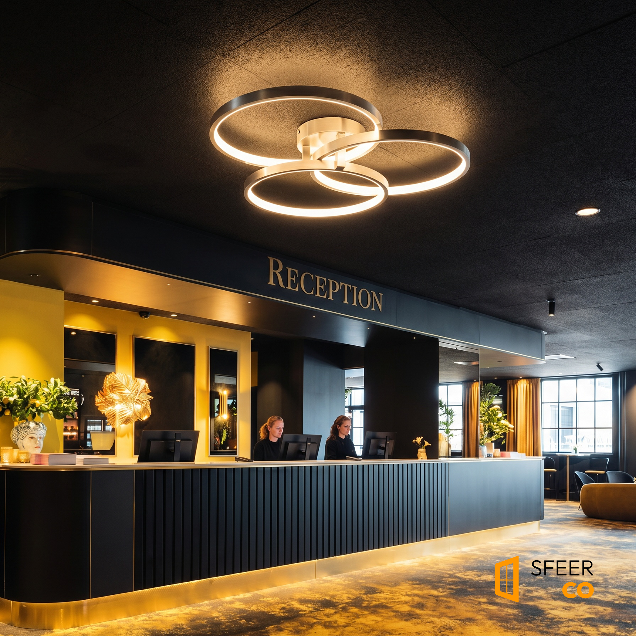Sfeerco Orion 3-ring LED ceiling light installed in dark luxury reception area with warm ambient glow