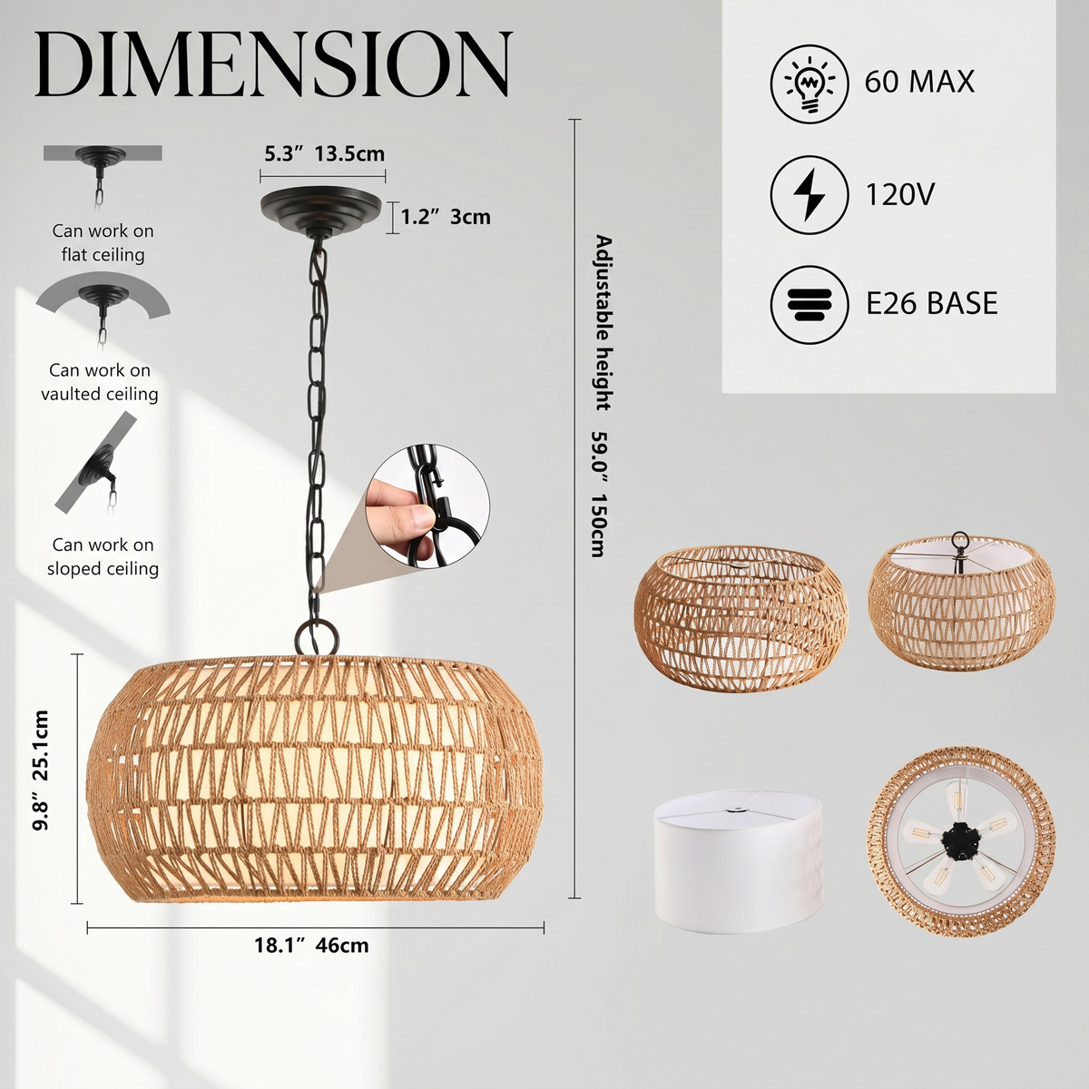 Sfeerco Palma pendant light dimensions 18 inch diameter 120V E26 base 60W max