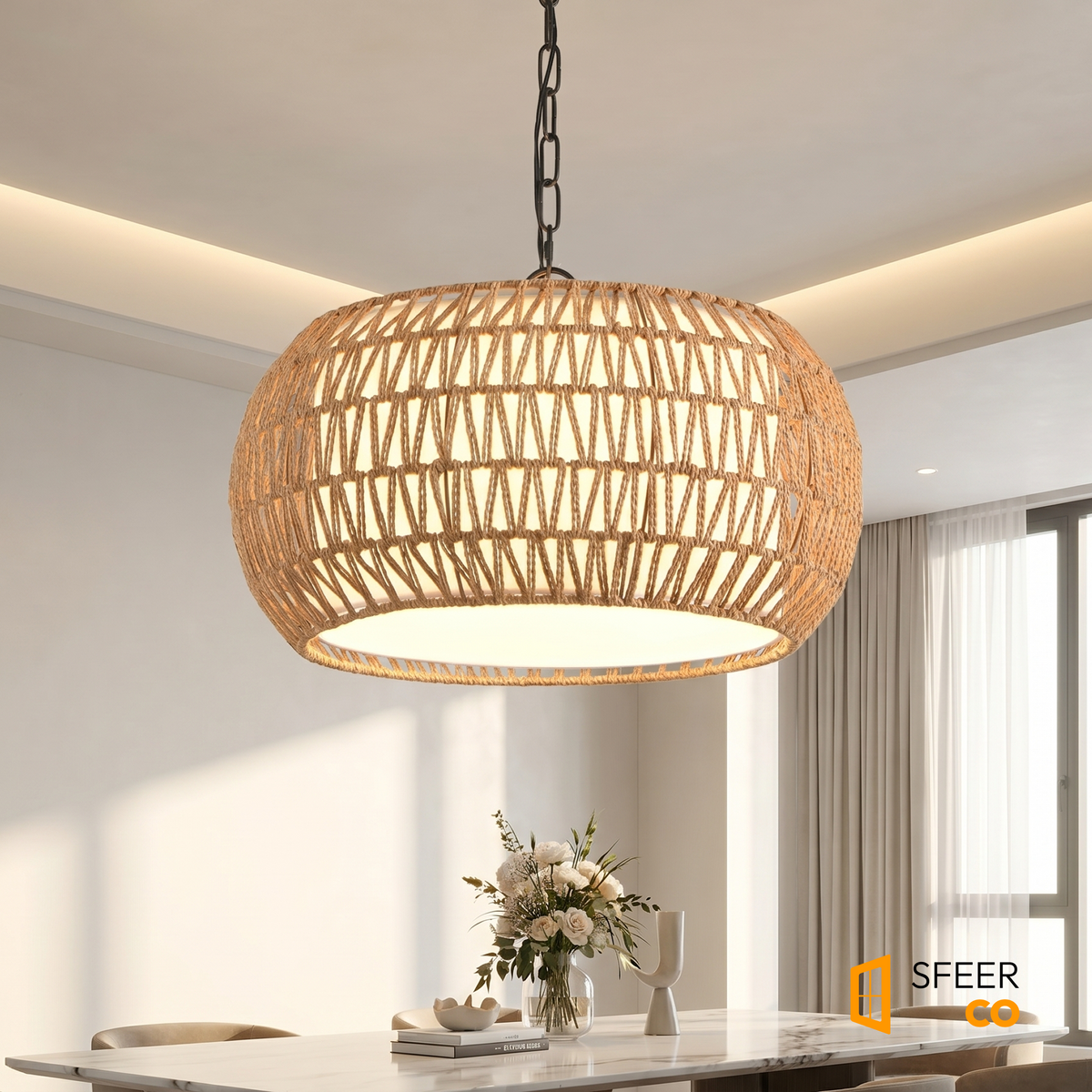 Sfeerco Palma jute pendant light hanging in modern dining room with warm lighting