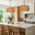 Sfeerco Palma farmhouse pendant light above kitchen island in bright white kitchen