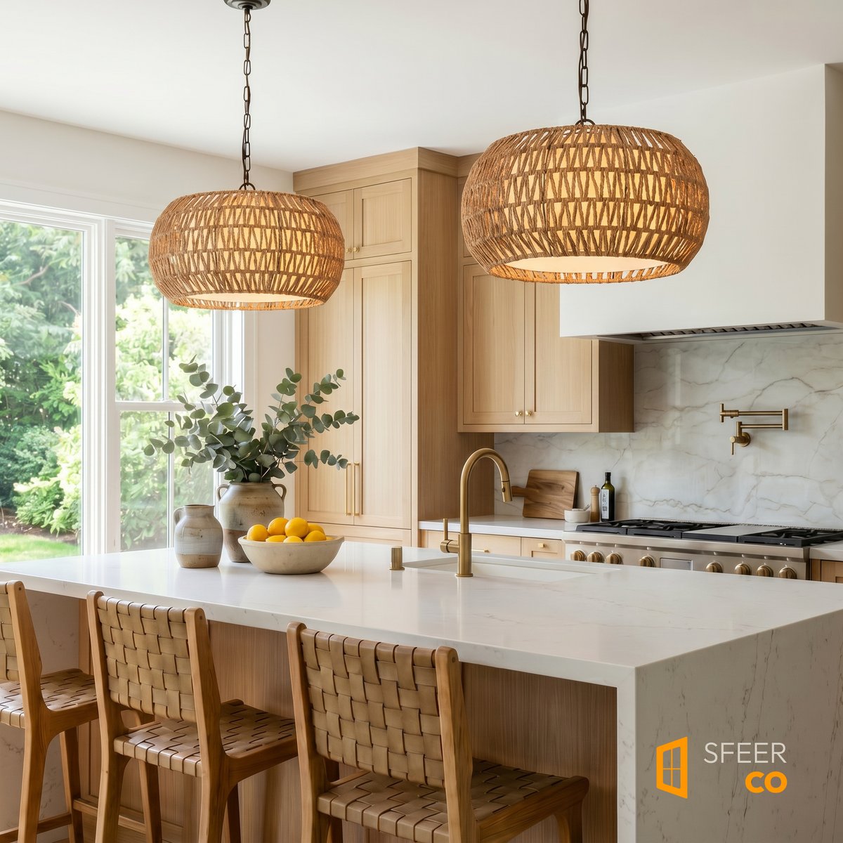 Sfeerco Palma farmhouse pendant light above kitchen island in bright white kitchen