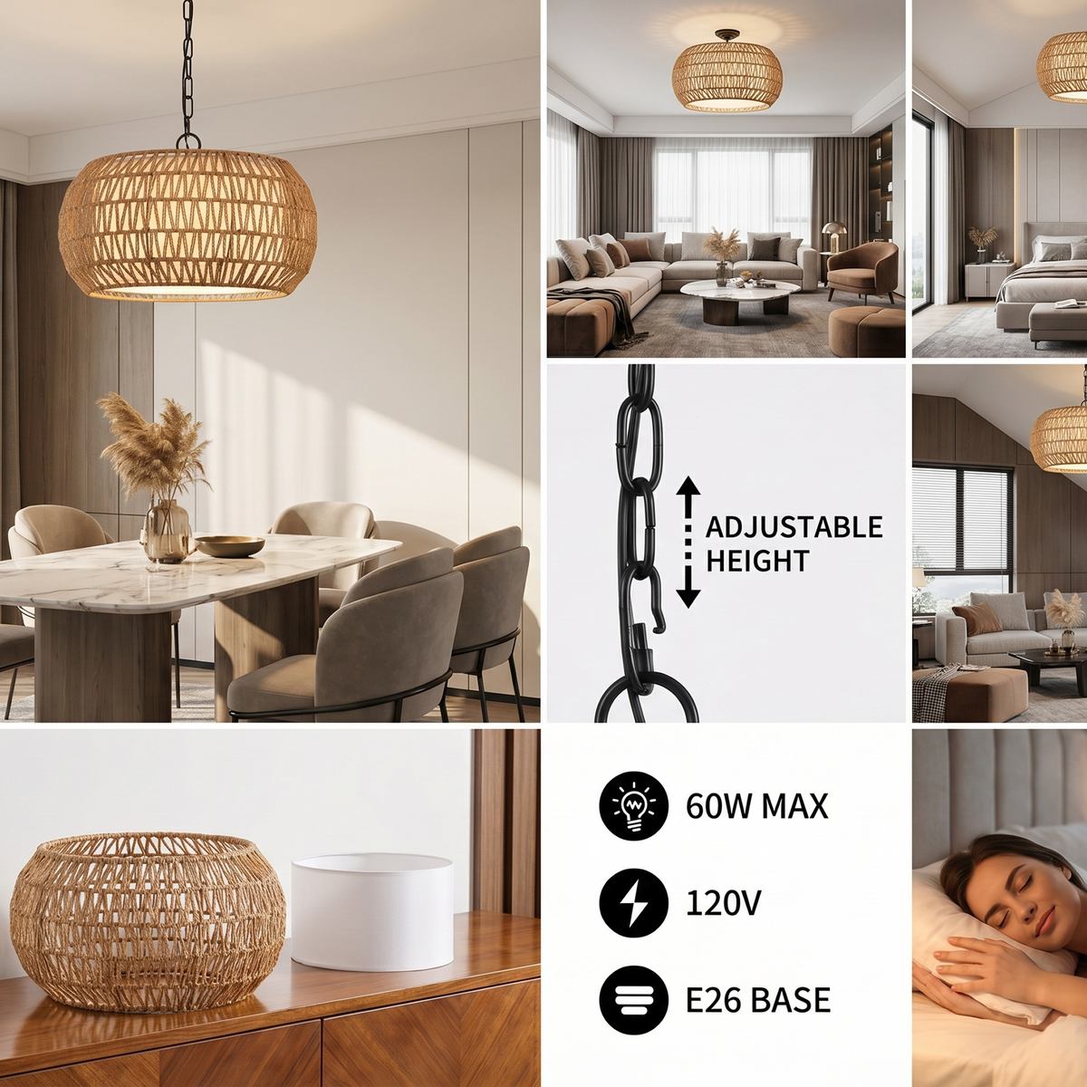 Sfeerco Palma pendant light lifestyle collage showing adjustable height and room settings