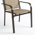 Close-up of Sfeerco Porto stackable outdoor dining chair showing breathable textilene fabric and steel frame