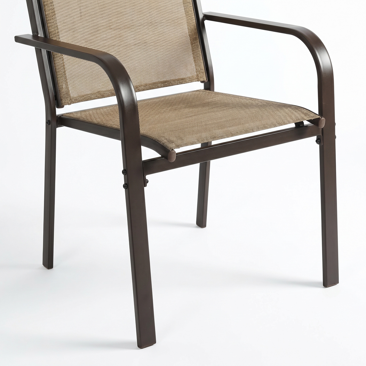 Close-up of Sfeerco Porto stackable outdoor dining chair showing breathable textilene fabric and steel frame
