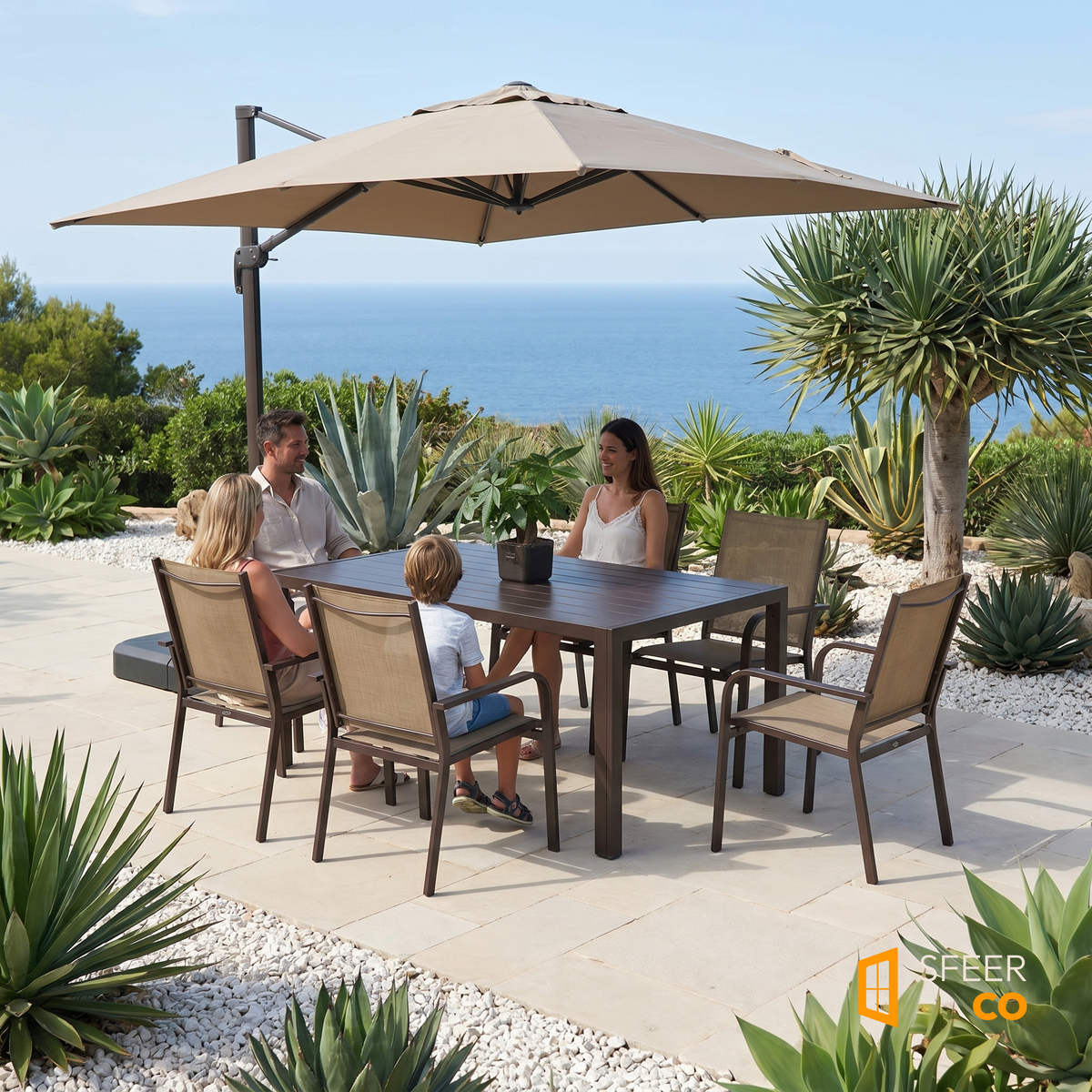 Sfeerco Porto outdoor dining set with umbrella on coastal patio with ocean view