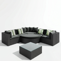 Sfeerco Prado 7-piece outdoor black wicker patio sofa set with grey cushions and green striped pillows on white background