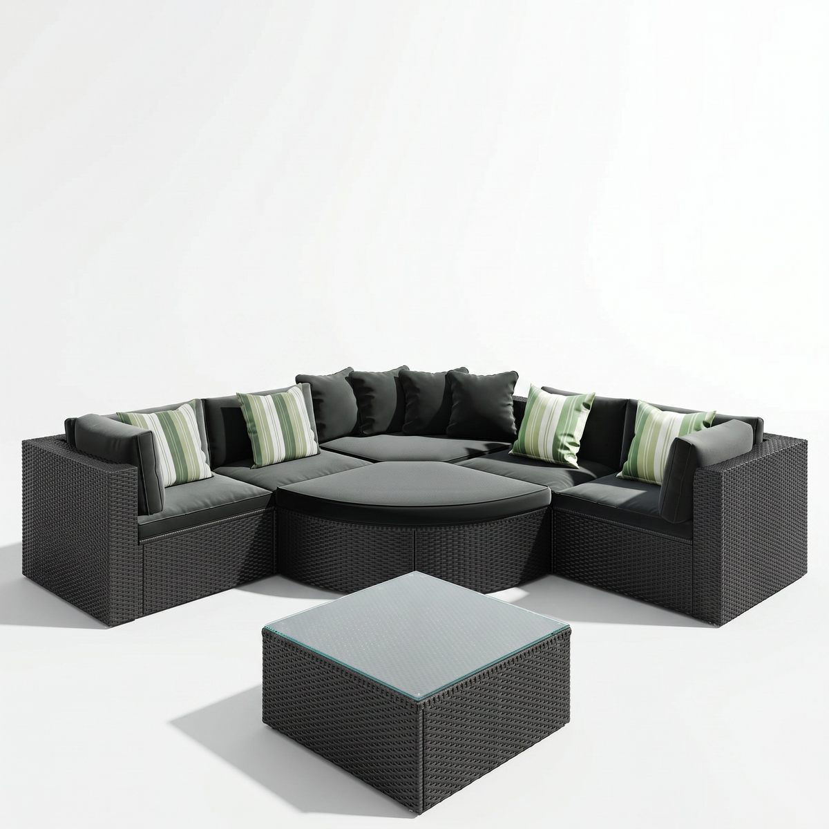 Sfeerco Prado 7-piece outdoor black wicker patio sofa set with grey cushions and green striped pillows on white background