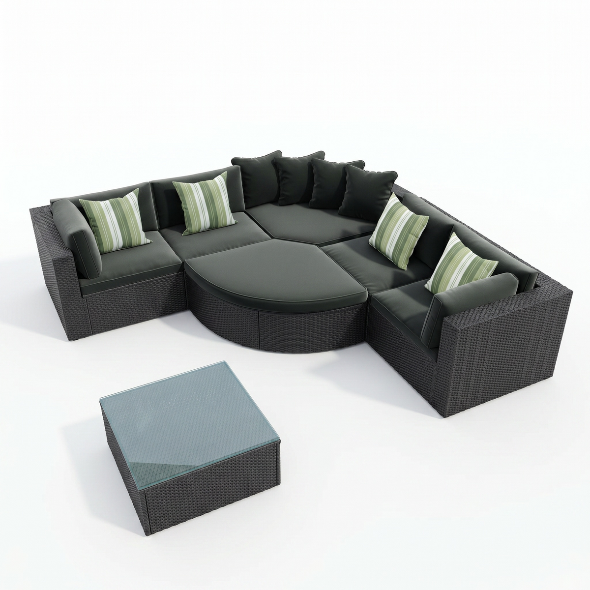 Angled view of Sfeerco Prado black wicker sectional sofa set with ottoman and striped green pillows